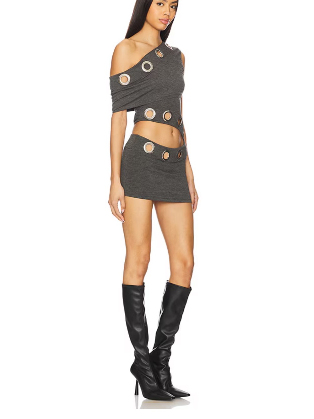 Jaded London Charcoal One-Shoulder Mini Skirt with Grommet Cutouts - Picture 2 of 5